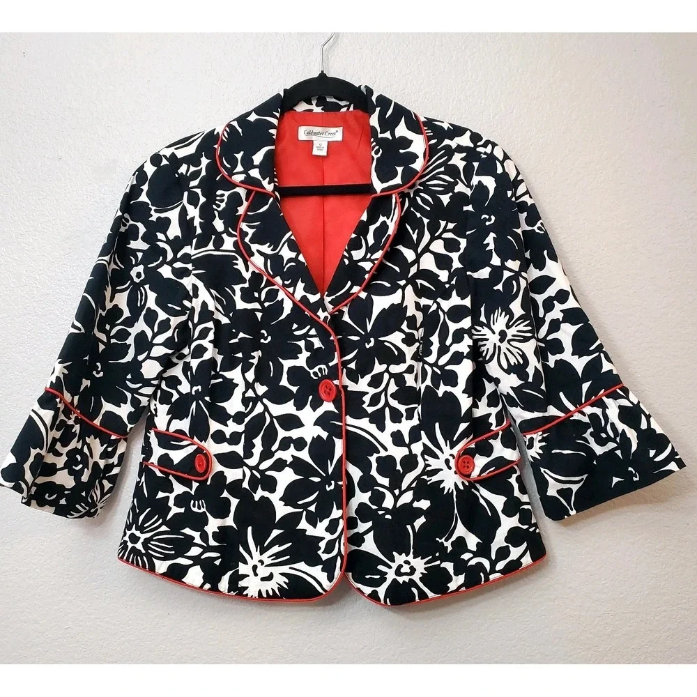 Coldwater Creek◇Floral Print 3/4 Sleeve‎ Blazer Jacket Black/White/Red◇Size 12